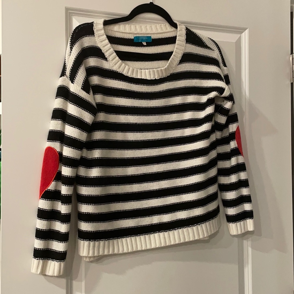 Buttons Striped Sweater with Heart Elbow Patches